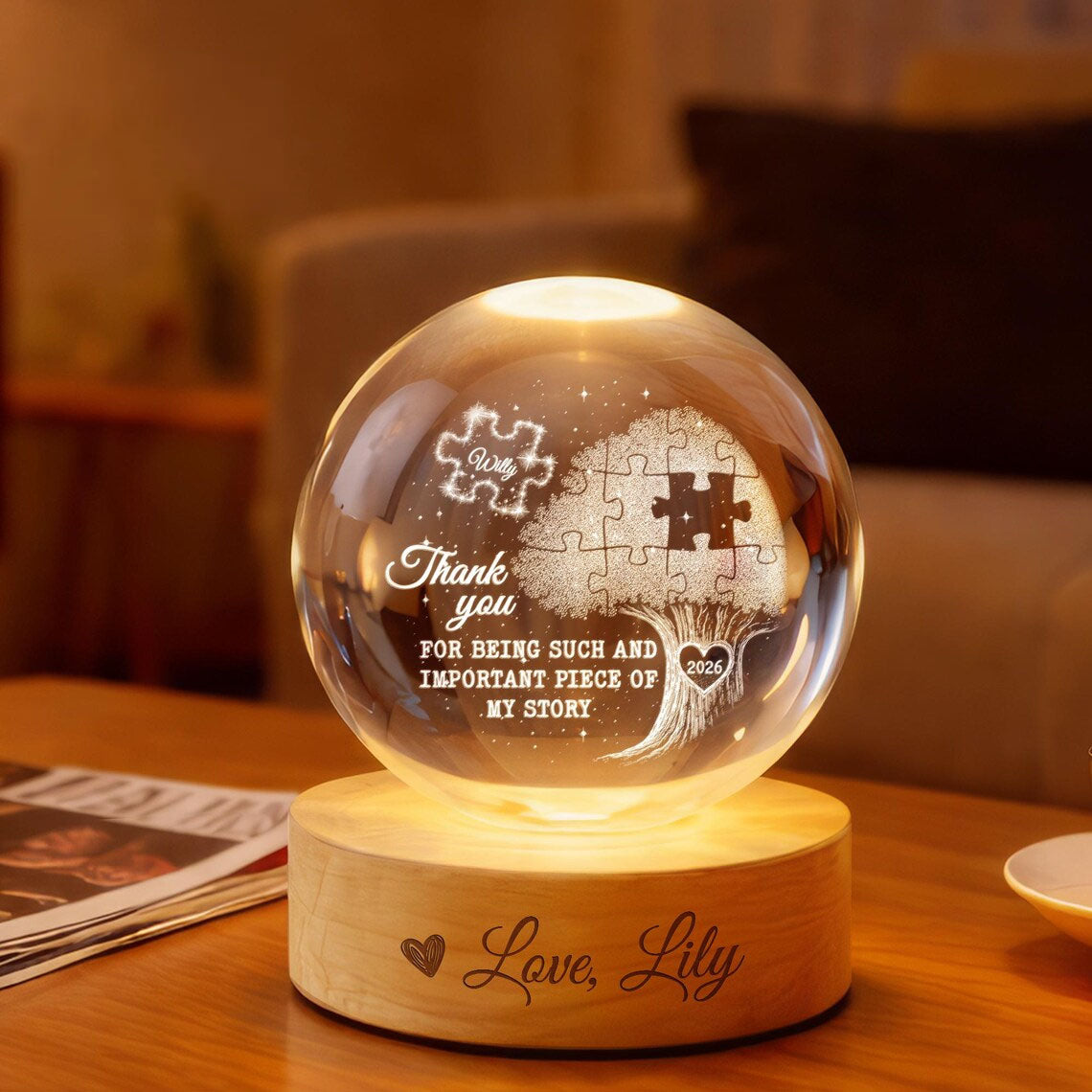 Personalized Teacher Appreciation Crystal Ball Night Light, Thank You Gift