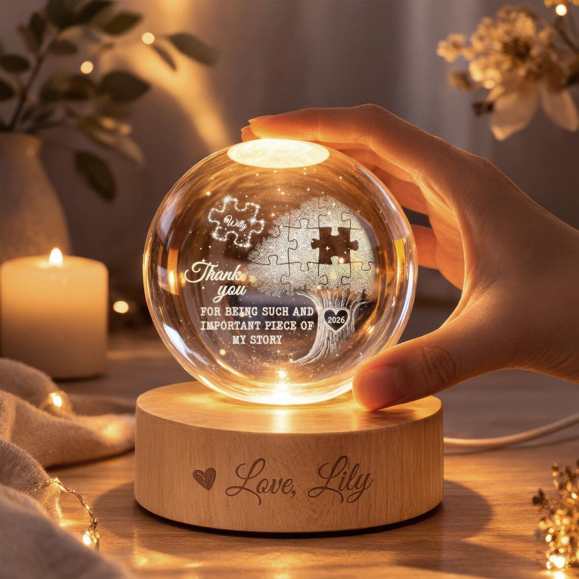 Personalized Teacher Appreciation Crystal Ball Night Light, Thank You Gift