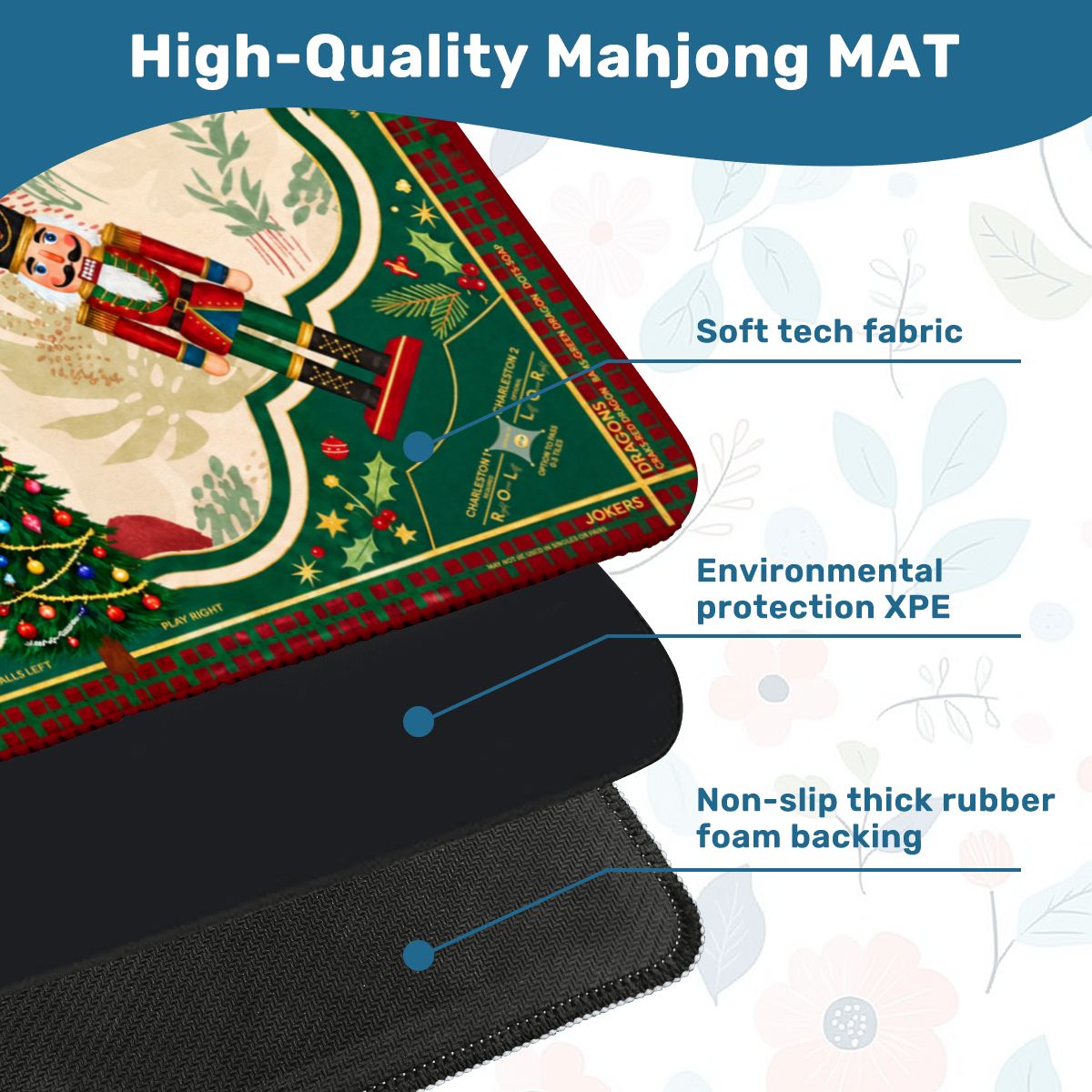Christmas Nutcracker Mahjong Mat, Red Green Holiday Game Mat, Traditional Christmas Tree Style, Non-slip Table Cover