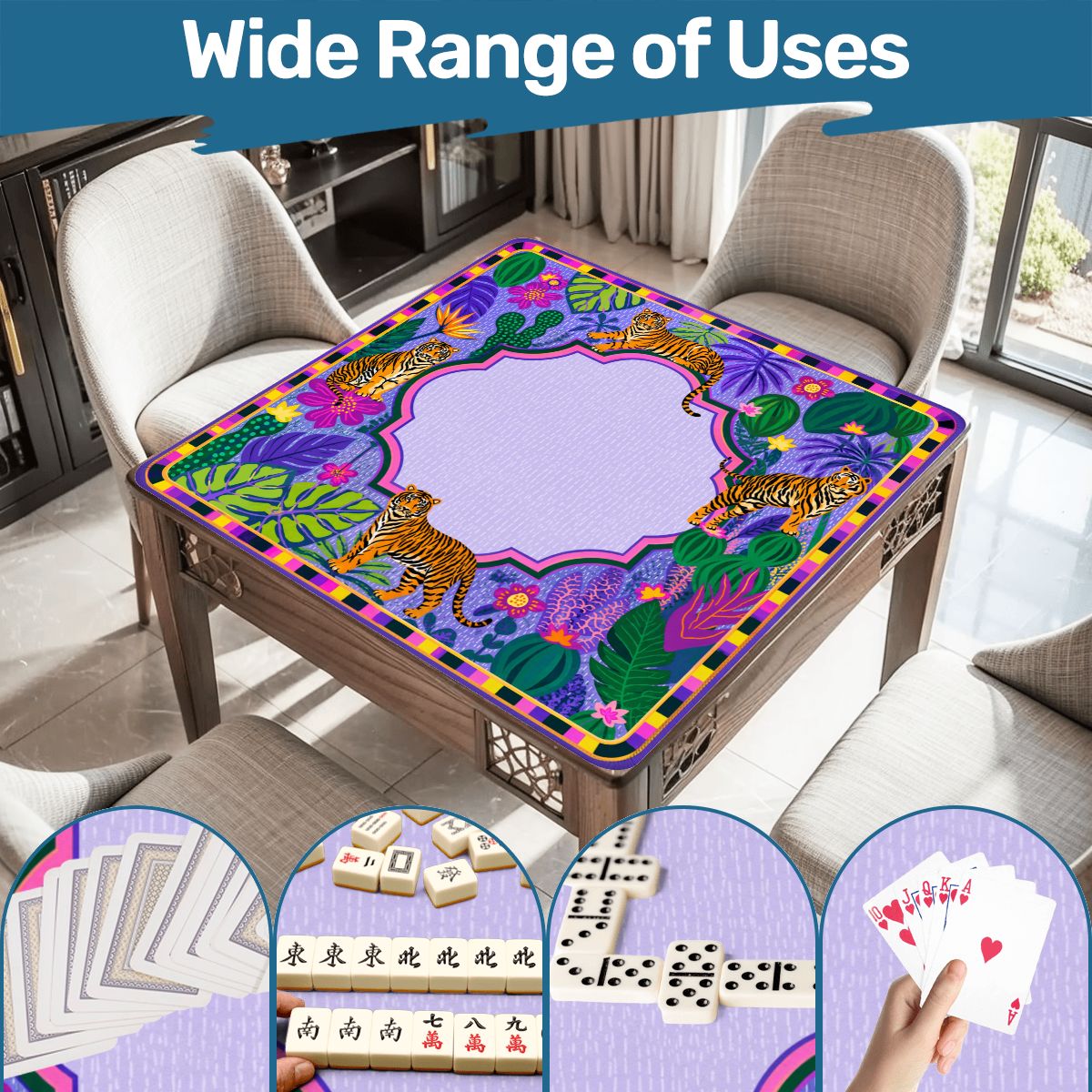 Tiger Jungle Mahjong Mat, Tropical Botanical Game Table Mat, Safari Wild Cat Decor